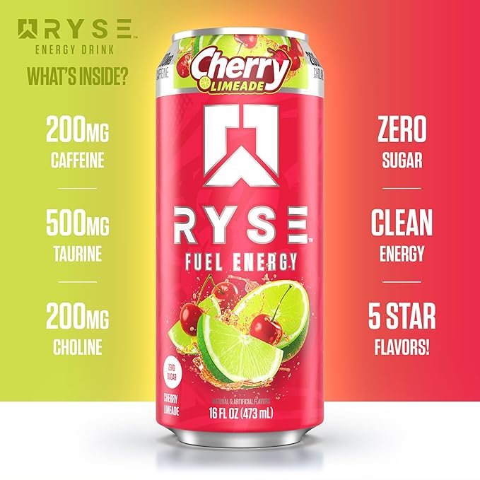 RYSE Fuel Energy Drink - Cherry Limeade - Sugar Free Gluten Free &amp Vegan - 200mg Natural Caffeine Taurine &amp Choline for Focus &amp Energy - No Artificial Colors - 16 fl oz Cans (12-Pack)