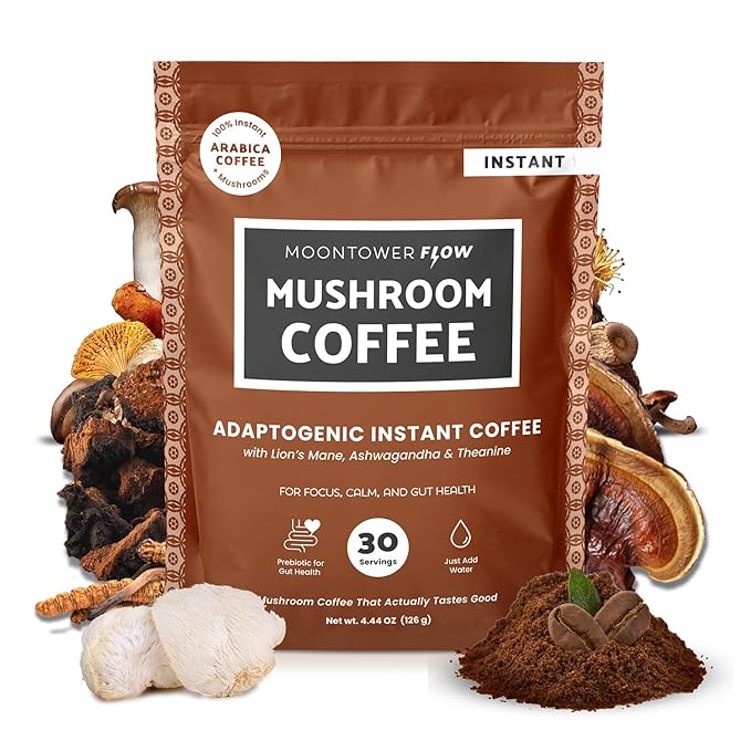 Moontower Organic Mushroom Coffee - Instant Adaptogenic Blend with Lion's Mane Ashwagandha L-Theanine &amp Prebiotic Inulin for Focus Calm Energy &amp Gut Health - Real Ground Coffee - 30 Serving