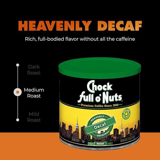 Chock Full o' Nuts Heavenly Original Decaf Ground Coffee – Premium Beans in Recyclable Steel Can – Rich Flavor &amp Aroma Medium Roast – Perfect for Drip Pour-Over Percolator – 24 Oz Can