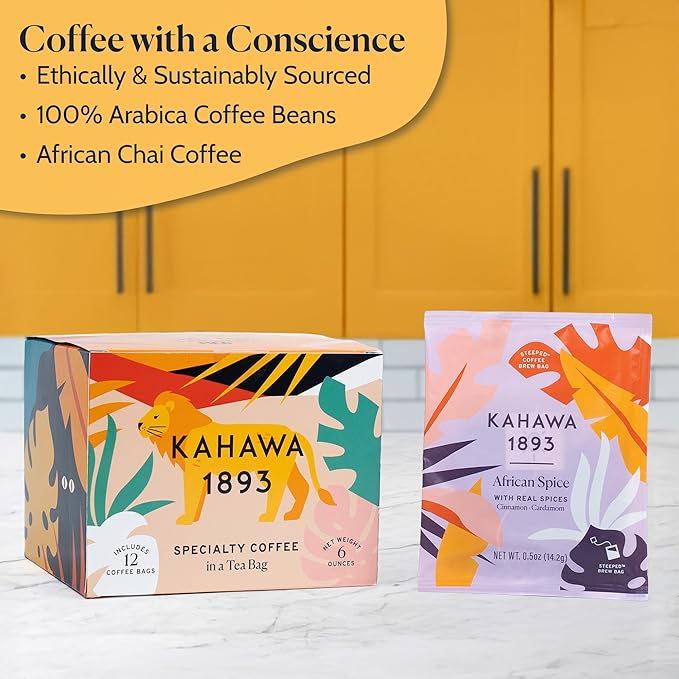 Kahawa 1893 Coffee Tea Bags Medium Roast African Spice 12 Single Serve Bags - With Cinnamon Cardamom &amp Clove As Seen on Shark Tank High Antioxidants Organically Grown Ethically &amp Sustaina