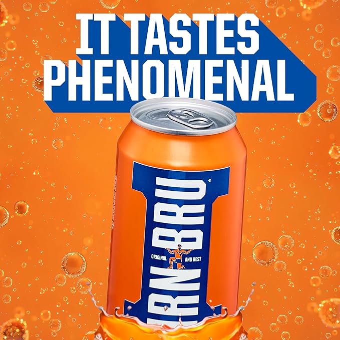 IRN-BRU Original Scottish Sparkling Soda Citrus Flavored Carbonated Drink - Sparkling Flavored Soft Drink 32 Flavor Recipe 11.1 fl oz Cans Pack of 8
