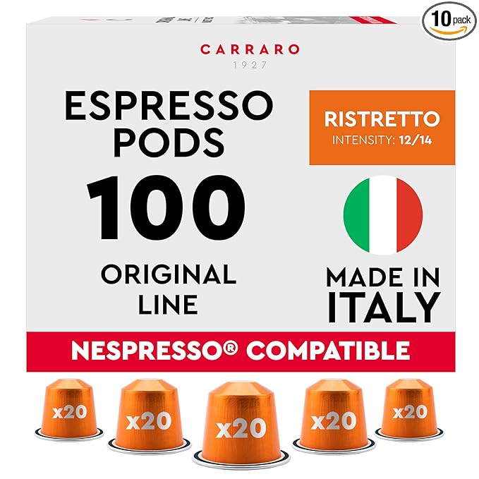 CARRARO 1927 Ristretto - 100 Aluminum Espresso Pods Compatible with Nespresso Original line - Intensity 12/14 Dark Roast Espresso Capsules Made in Italy
