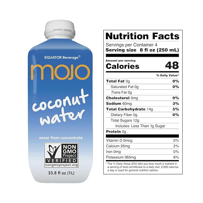 MOJO Coconut Water | Hydration Drink &amp Sports Drink | Electrolytes Beverage 1043 mg | Vitamin B &amp C | Hydration Drink for Skin &amp Body | 33.8 Oz (Pack Of 6)