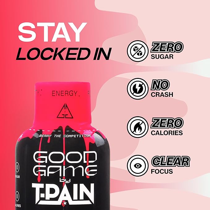 Nappy Boy Dranks Good Game by T-Pain Energy Shot 2oz (12 Pack) Sugar-Free Zero Calorie Focus Drink with 200mg Caffeine and B-Vitamins (B3 B6 B12) - Clean No-Crash Energy Boost Strawberry Surge