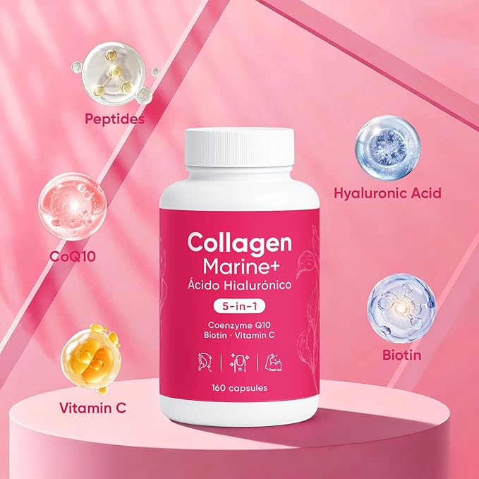 Hydrolyzed Marine Collagen + Hyaluronic Acid Formula – 5-in-1 Beauty &amp Wellness Blend with CoQ10 Biotin &amp Vitamin C – Vegan Friendly Non-GMO 150 Capsules