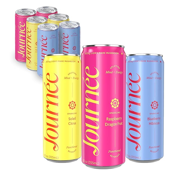 Journée Wellness Energy Drink Natural Caffeine Lion’s Mane L-Theanine 125 mg Caffeine Real Fruit Juice All Natural 0 Added Sugar Cognition Immunity - Variety Pack - Pack of 6