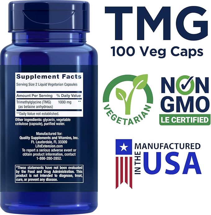 Life Extension TMG 500mg 100 Liquid Veg Caps (Pack of 2) - Trimethylglycine (Glycine Betaine) Supplement - Gluten Free Non-GMO Vegetarian
