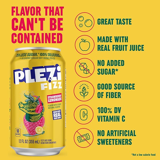 PLEZi FiZZ Stawberry Lemonade &amp Orange Mango Sparkling Juice Bundle – No Added Sugar Low Sugar Soda Alternative with Real Fruit Juice &amp Fiber – 12 Fl Oz (24 Cans Total)