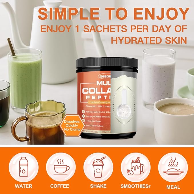 ZEBORA Multi-Collagen-Peptides-Powder with MSM &amp CS Type I II III V X Hydrolyzed Collagen Peptides with Hyaluronic Acid &amp Vitamin C for Women and Men Hair Skin Nails &amp Joint Non-GMO 3