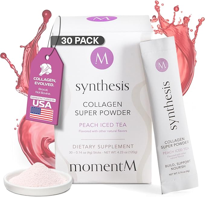 momentM Synthesis Plant Based Collagen for Women &amp Men - Peptides Powder for Hair Skin Nails and Joints - Vegan Hydrolyzed Collagen Peptides Powder with VEGCOL® - Peach Iced Tea (30 Stick Packs)