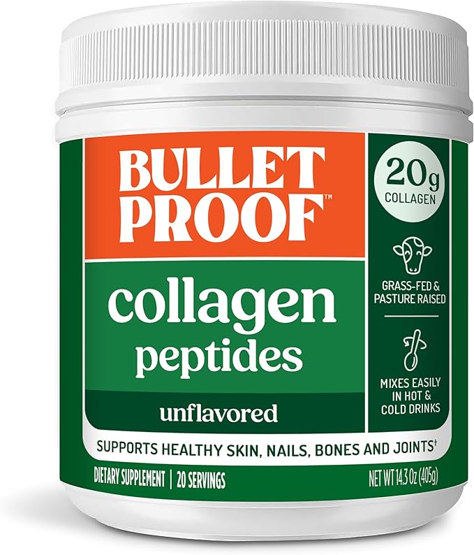 Bulletproof Unflavored Collagen Peptides Powder with MCT Oil 14.3 Ounces Grass-Fed Collagen Protein for Skin Bone and Joint Support Pasture Raised No Added Hormones