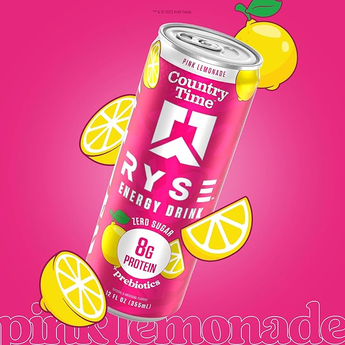 RYSE Functional Energy Drink - Country Time Pink Lemonade - 150mg Natural Caffeine 8g Whey Protein &amp 1g Prebiotics - Sugar Free Gut-Friendly Bloat-Free - 12 fl oz Cans (12-Pack)