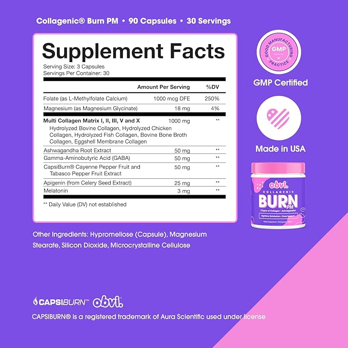 Obvi Collagenic Burn Day &amp Night Bundle | Collagen Green Tea Ashwagandha GABA &amp Melatonin | 24-Hour Collagen Support
