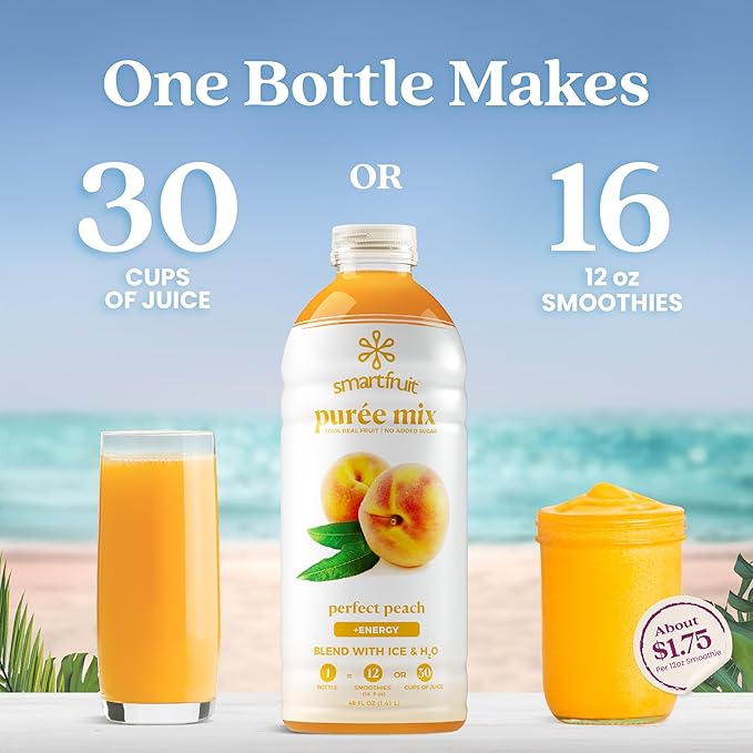 Smartfruit Perfect Peach + Energy – 100% Real Fruit Purée with Peach Apple &amp Pineapple – Great for Smoothies Juice Yogurt Cocktails Teas &amp More – High in Niacin &amp Vitamin A B6 B12 –