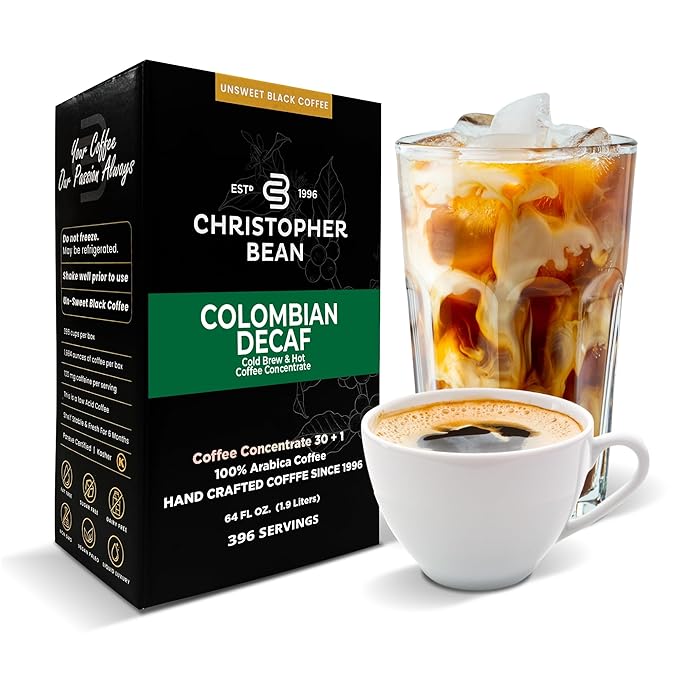 Christopher Bean Coffee - 396 servings 30 to 1 Blend Bag in Box Liquid Instant Coffee or Cold Brew Coffee Concentrate - Hot or Iced Coffee - Decaf Colombian