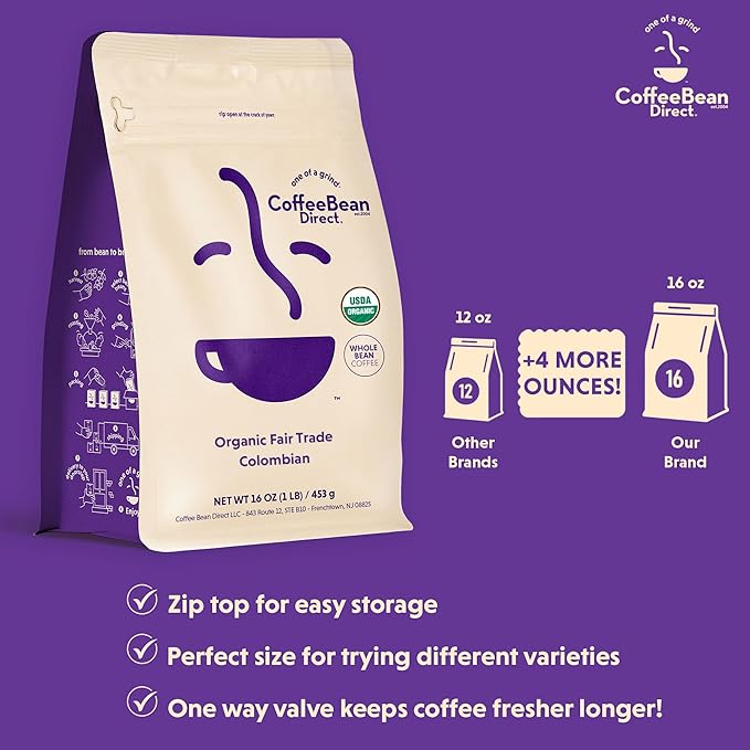 Coffee Bean Direct Organic Fair Trade Colombian Whole Bean Coffee Arabica Coffee Light Roast 1 Pound Bag (Pack of 1)