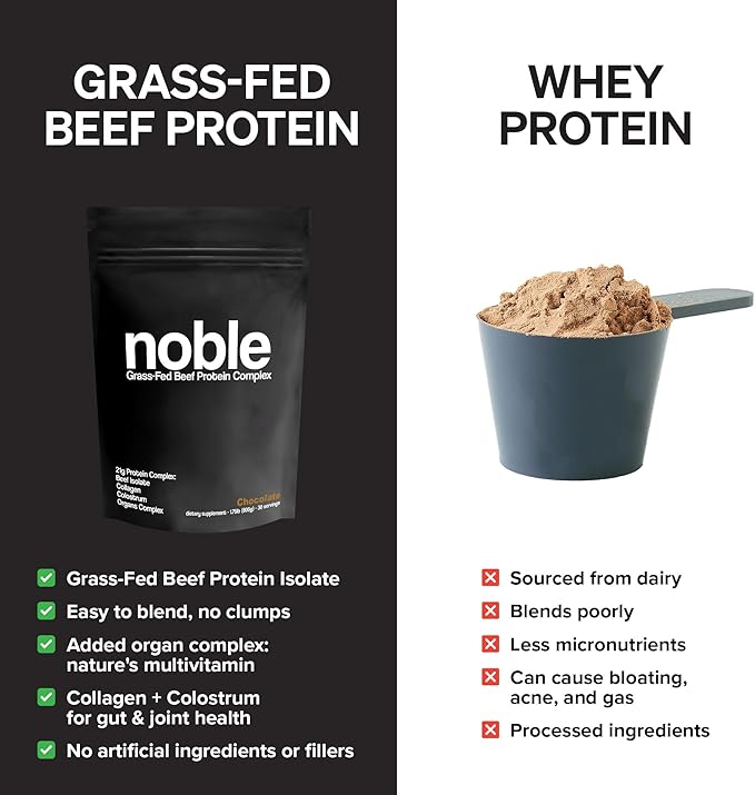 Noble All-in-One Chocolate Protein Powder 21g Grass-Fed Beef Protein &amp Collagen Colostrum &amp Organ Blend Whey-Free Seed Oil-Free Zero-Carb 30 Servings (1.75lbs)