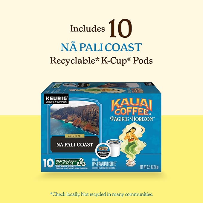 Kauai Coffee K-Cup Pods for Keurig Brewers – Arabica Coffee 10% Hawaiian – Dark Roast Nutty with Sweet Chocolate Overtones – Na Pali Coast 1 Pack of 10 Single Serve K-Cups