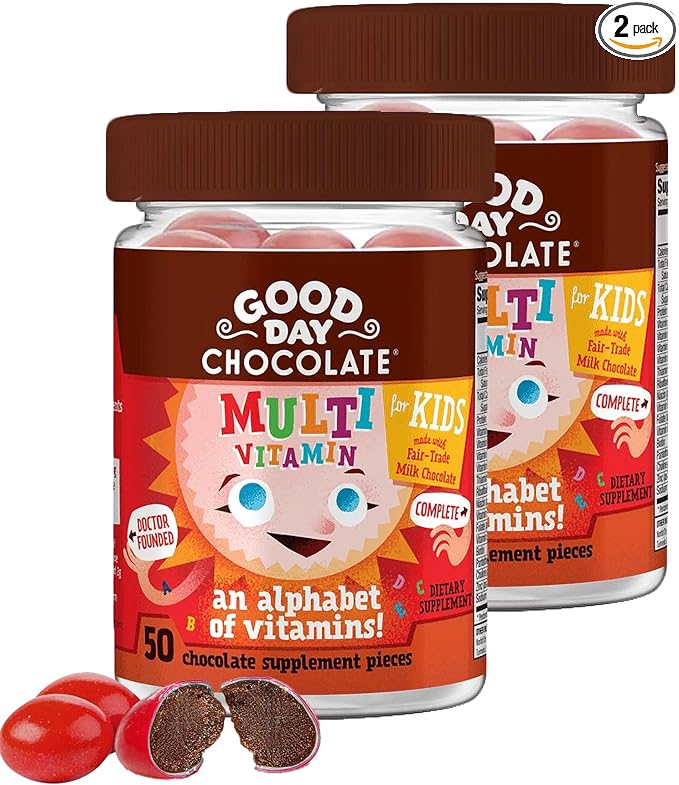 Good Day Chocolate Complete Multivitamin for Kids Daily Supplement of Vitamins A B6 B12 C D E Folate and Biotin Fair Trade and Non-GMO Chocolate 2 Pack