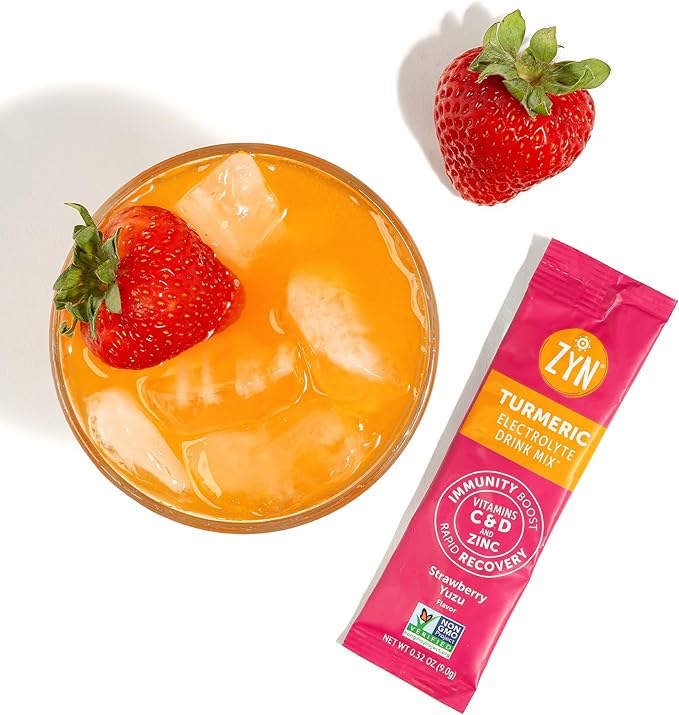 ZYN Electrolyte Drink Mix Hydration Packets Strawberry Yuzu Electrolytes Powder Hydration Packets w/Turmeric Curcumin Vitamin C &amp D Zinc Hydrate &amp Recover Electrolyte Powder Pack of 32