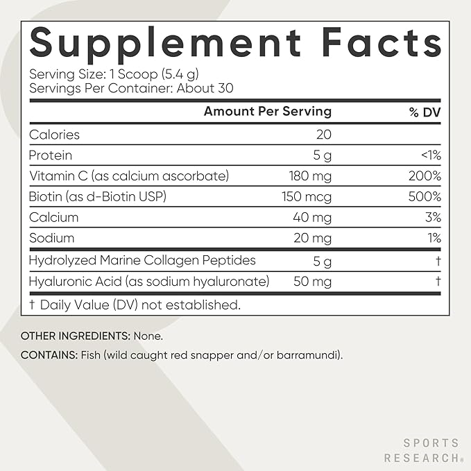 Sports Research Collagen Beauty Complex with Hyaluronic Acid Vitamin C + Biotin | Pescatarian Keto Certified &amp Non-GMO Verified - Unflavored (30 Servings)