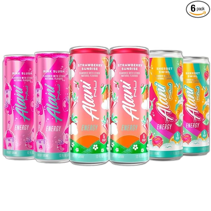 New Alani Energy Drinks Strawberry Sunrise Sherbet Swirl Pink Slush Variety Pack Sugar-Free Low-Calorie Energy Boost Drink 12 fl oz (Pack of 6) (Packaging May Vary)