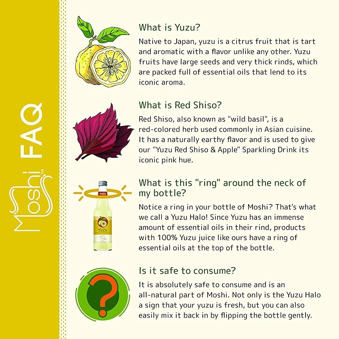 Moshi Yuzu Sparkling Drink Aromatic and Zesty Made with 100% Yuzu juice All-Natural Vegan Gluten-free No Artificial Preservatives/Coloring - 12 oz (6 Glass Bottles) - Red Shiso &amp Apple
