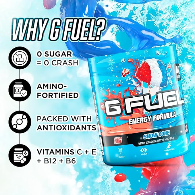 G Fuel Snow Cone Energy Drink Powder Pre Workout Caffeine Mix for Gaming Sugar Free Focus Amino Vitamin + Antioxidants 9.9oz (Snow Cone 40 Servings)