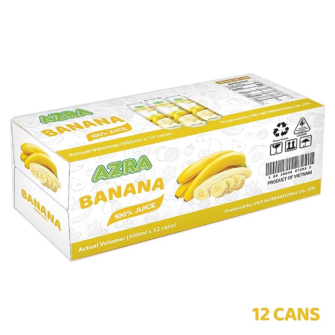 AZRA 100% Banana Juice 500 ml Can (Pack of 12) – Real Fruit Beverages with No Sugar Added – Healthy Drinks and Fresh Juice – Natural 100 Percent Fruit Drink – 16.9 fl oz Cans