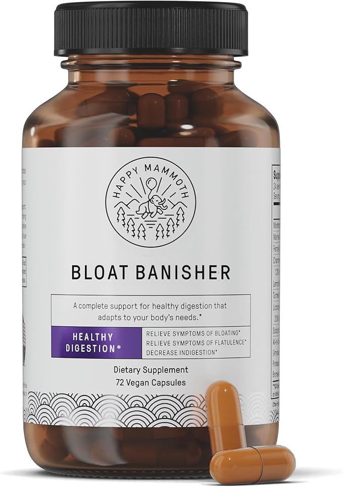 Happy Mammoth Bloat Banisher Natural Relief for Bloating Gas Indigestion &amp Discomfort. Promotes Healthy Digestion of Even Difficult Foods Like Dairy Breads Pizza Cheese &amp Meats. 72 Caps