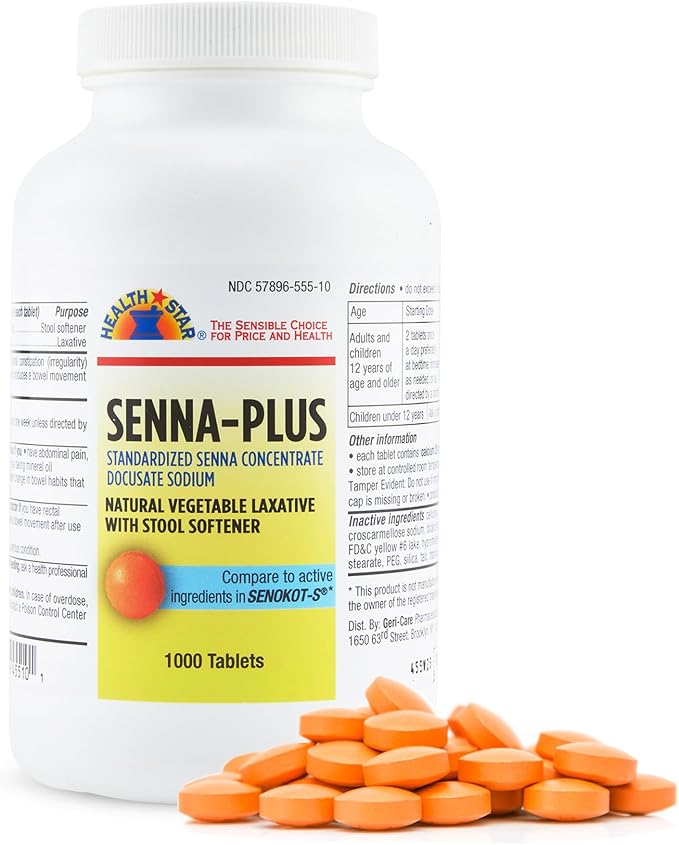 Health Star Senna Plus Laxative &amp Stool Softener Tablets 50mg / 8.6mg Strength Natural Vegetable Stimulant Laxative| Gentle Constipation Relief| Docusate Sodium for Bowel Movement (1000 Tablets