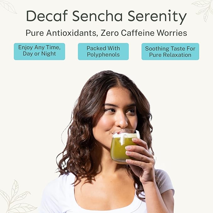 Yu Tea Decaf Organic Sencha Green Tea Powder 30 Instant Packets | Rich in Antioxidants EGCG &amp L-Theanine | Pure Japanese First Harvest Leaf | Caffeine-Free &amp Unsweetened | Single Serve Stic