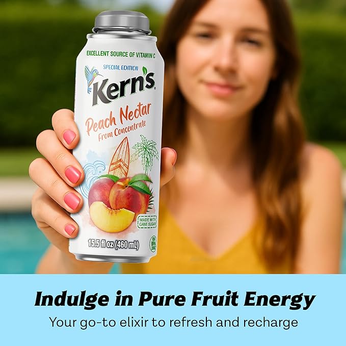 Kern’s Peach Nectar Lata Botella - Made with Fresh Fruit Puree &amp Peach Juice Concentrate for Fruit Smoothie Mix Cocktail Mixers &amp Kids Beverages - 15.5oz 12 Pack Resealable Juice Bottles