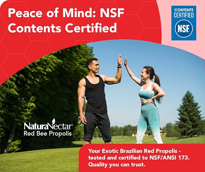 NaturaNectar - Red Bee Propolis Capsules - NSF Contents Certified Premium Brazilian Propolis - Gluten-Free Supplements with More Diverse Flavonoids &amp PWE - Sourced Through Ethical Beekeeping (60pc