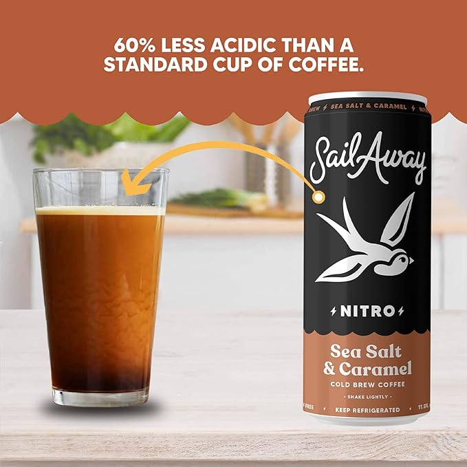 Sail Away Coffee Nitro Cold Brew Coffee Cans - Less Acidic Coffee Beverages | Draft Nitrogen Pour 220mg Caffeine Gluten Free Organic Keto Sea Salt &amp Caramel 6 Pack