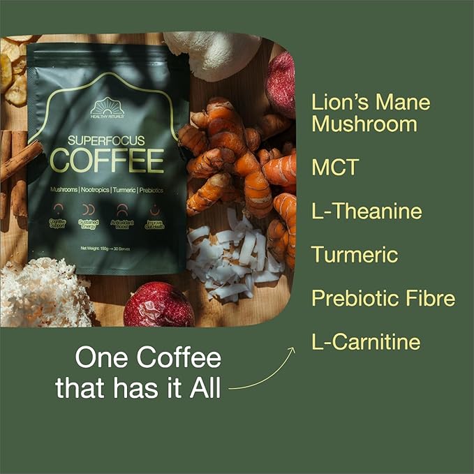 Healthy Rituals Mushroom Coffee SuperBlend Powder with Lion’s Mane MCT Oil L-Theanine Turmeric Prebiotic Fiber &amp L-Carnitine Naturally Sweet Rich &amp Smooth Premium Arabica Instant Coffee