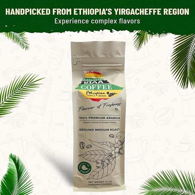 KIAA Ethiopian Premium Ground Coffee Medium Roast - 12oz 100% Organic Arabica Full-Bodied Bold Flavor Rich &amp Smooth Perfect for Espresso French Press &amp Drip Brewing Freshly Roasted