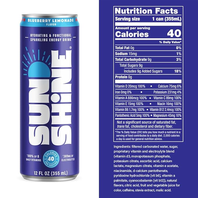 Sunshine Sparkling Energy Drink Blueberry Lemonade with Daily Essential Vitamins 360mg of Electrolytes 70mg of Natural Caffeine 12 Fl Oz (Pack of 12)