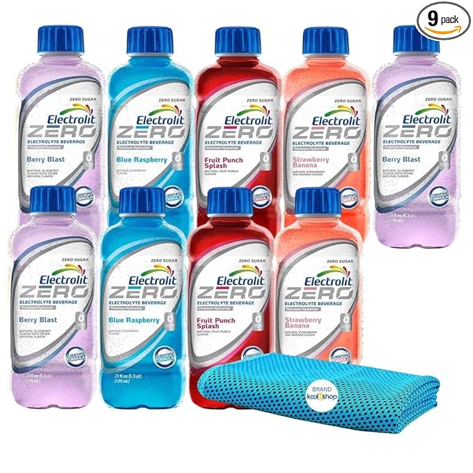 Electrolit Zero Variety Pack Hydration Drink With Electrolytes 21 fl oz Plastic Bottle 9 Pack + 1 Microfiber Cooling Towel by KOOL8SHOP Infinite Deals