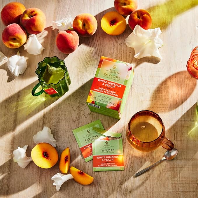 Taylors of Harrogate White Hibiscus &amp Peach Green Tea Individually Wrapped Bags 20 Count (Pack of 6) Delicate Fruity and Sweet Caffeinated Enjoy Hot or Iced 120 Teabags Total
