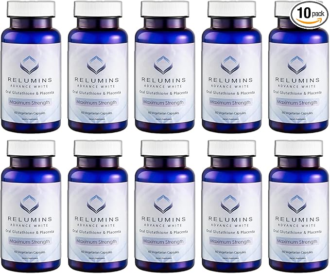 Relumins Advanced White Glutathione Capsules - Max Strength Brightening Supplement with ALA Placenta Rose HIPS &amp Vitamin C - Fights Oxidative Stress Supports Collagen &amp Made in USA - 10 Bot
