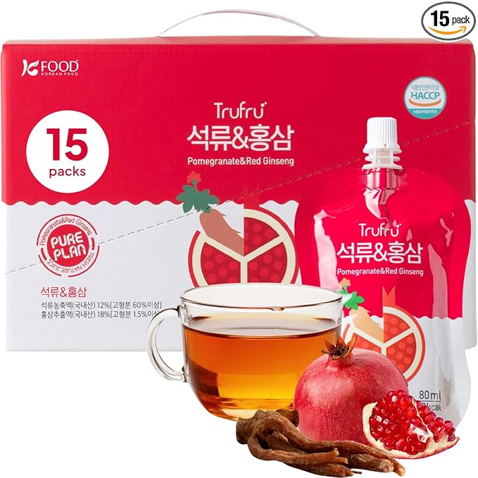 Korean Food Trufru Pomegranate &amp Red Ginseng Essence - All-Natural Zesty Vitality Shot Tart &amp Tangy Morning Boost 15 Individual Pouches (2.7 fl oz Each)