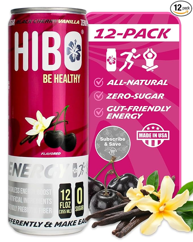 HIBO Healthy Energy Drinks Sugar Free – Gluten-Free &amp Gut-Friendly Prebiotic Fiber w/140mg Caffeine &amp 60mg Green Coffee Extract Electrolytes – For Immunity &amp Focus - Pack of 12 Black Che