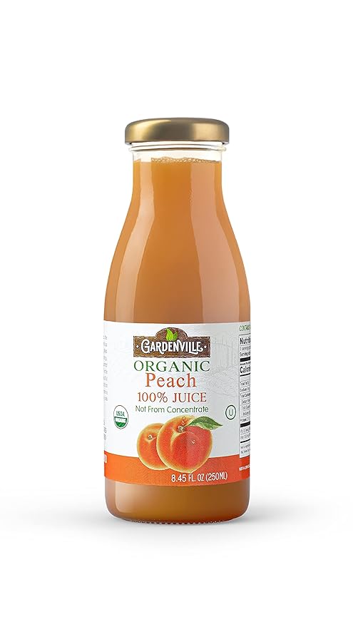 Gardenville Organic Peach Juice (Pack of 12) USDA Organic No Added Sugar U Kosher Certified Pasteurized 8.4 oz Glass Bottles (Peach)