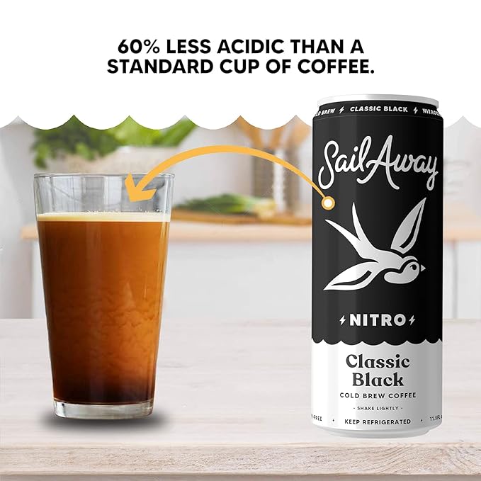Sail Away Coffee Nitro Cold Brew Coffee Cans - Less Acidic Coffee Beverages | Draft Nitrogen Pour 220mg Caffeine Gluten Free Organic Keto Classic Black 6 Pack