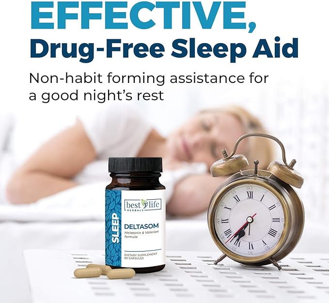 DeltaSom Natural Sleep Aid - Non Habit Forming Sleep Supplement with Valerian Root That Leaves Adults Feeling Rested - 2 Bottles