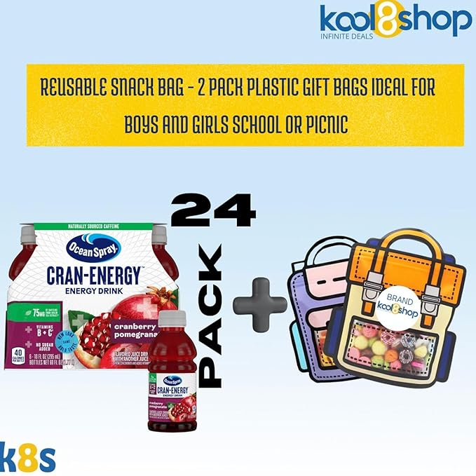 Ocean Spray Energy Cranberry Pomegranate Juice Drink 10 fl oz Plastic Bottles 24 Pack + 2 Reusable Snack Bags by KOOL8SHOP Infinite Deals