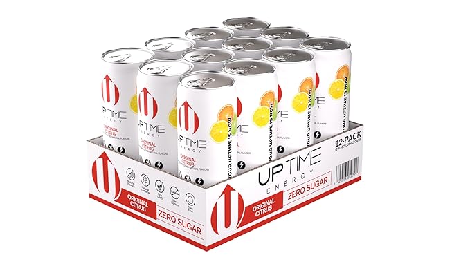 UPTIME Energy Drink Original Citrus Sparkling 12 Pack Vitamin C L Theanine Calcium Sugar Free Energy Drinks for Focus Support 142mg of Natural Caffeine 5 Calories Clean Natural 12 fl oz Can