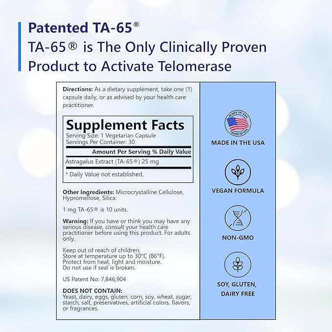 T.A. Sciences TA-65 Telomere Activation Supplement 2.5 Times Potency Telomerase 30 Capsules