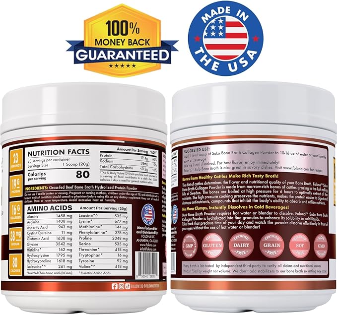 Solo Bone Broth Protein Collagen Powder Low Sodium 16g Hydrolyzed Collagen Type I &amp III for Healthy Skin Nails Hair Joints &amp Digestion Grass Fed 1 lb (Canister - Net Wt. 1 lb. Powder)